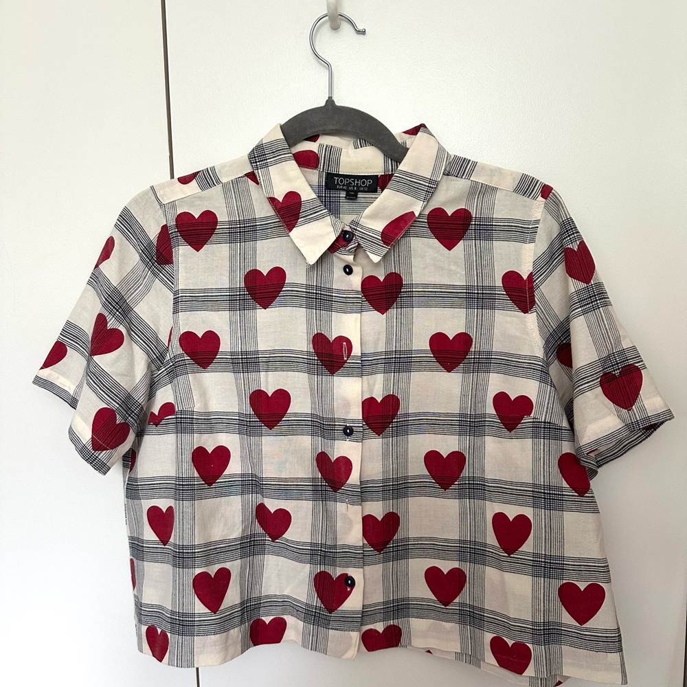 Topshop Red and White Heart Print Button Down Shirt
